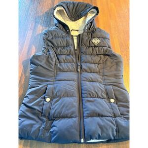 Hollister Mens Puffer Vest Sherpa Lined Hood Dark Navy Size Small‎